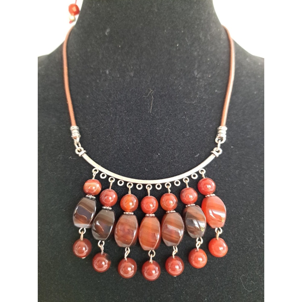 Gemstone Beaded Jewelry Set Necklace Earrings Bracelet Carnelian Agate Cord